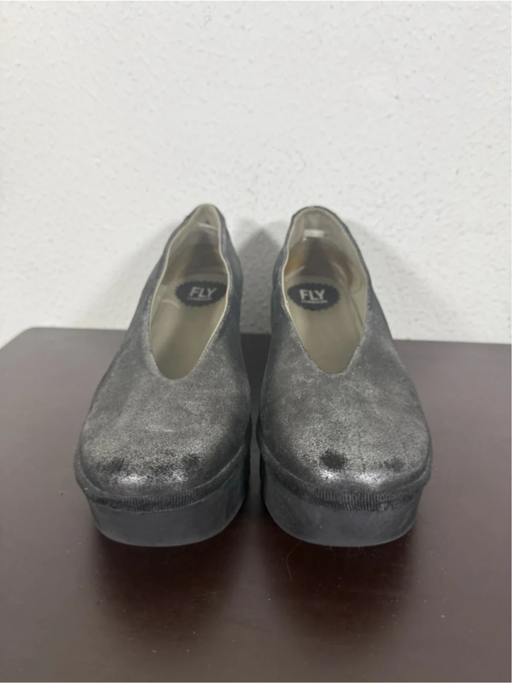 Fly London Beso Metallic Black Wedges Shoes Sz 37/6.5-7 US Boho Work Preppy Chic